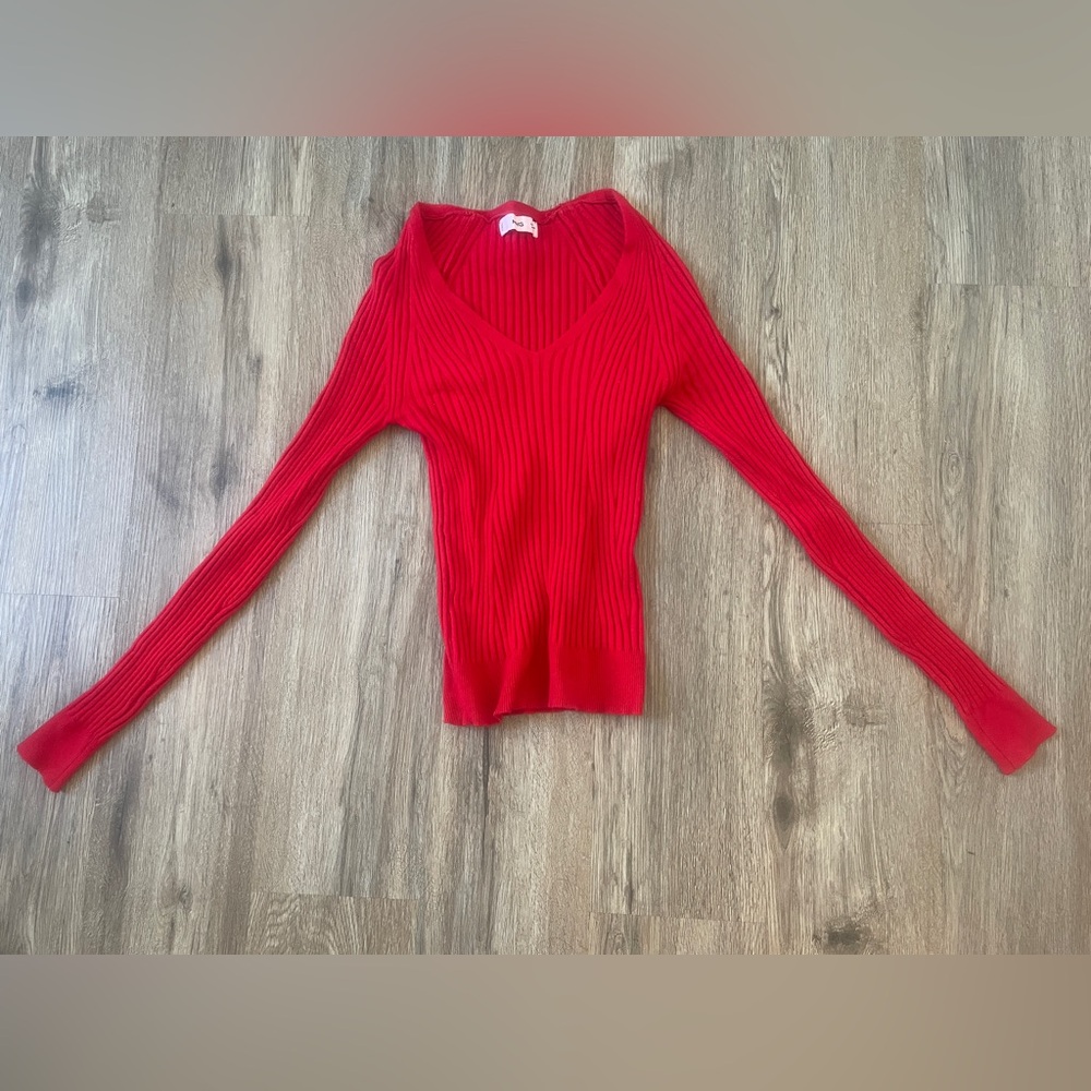Mango Vivid Red V-Neck Rib Sweater high stretch